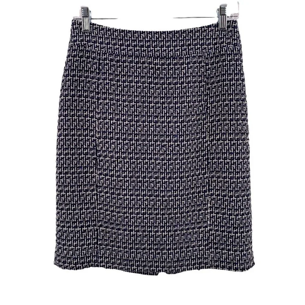 TORY BURCH Darren Navy Blue and White Cotton Tweed Pencil Skirt Size 2